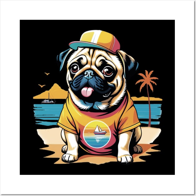 Cute Pug on Beach Vacation Wall Art by ArtfulTat